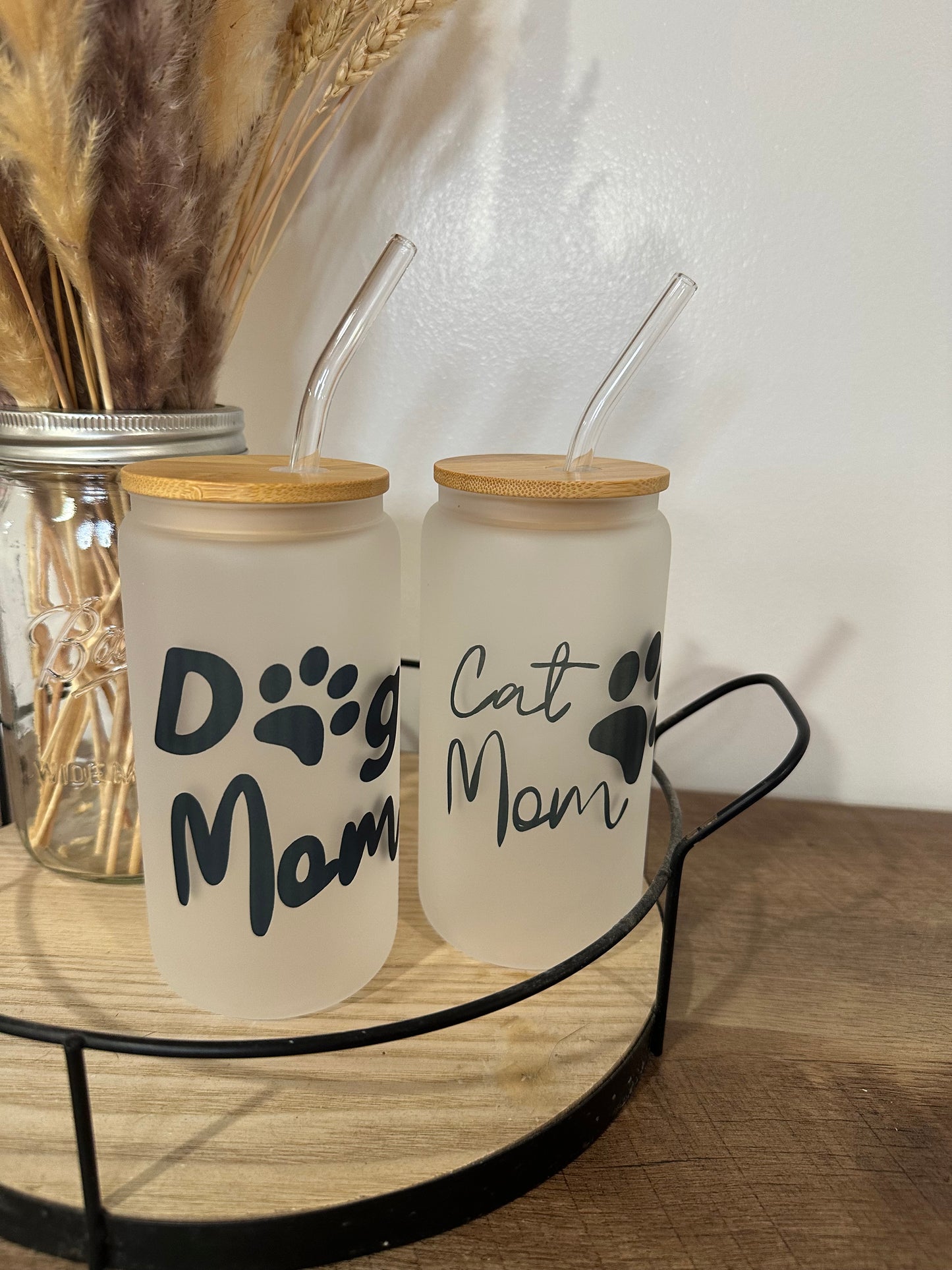 Dog mom , cat mom 16oz glass tumbler