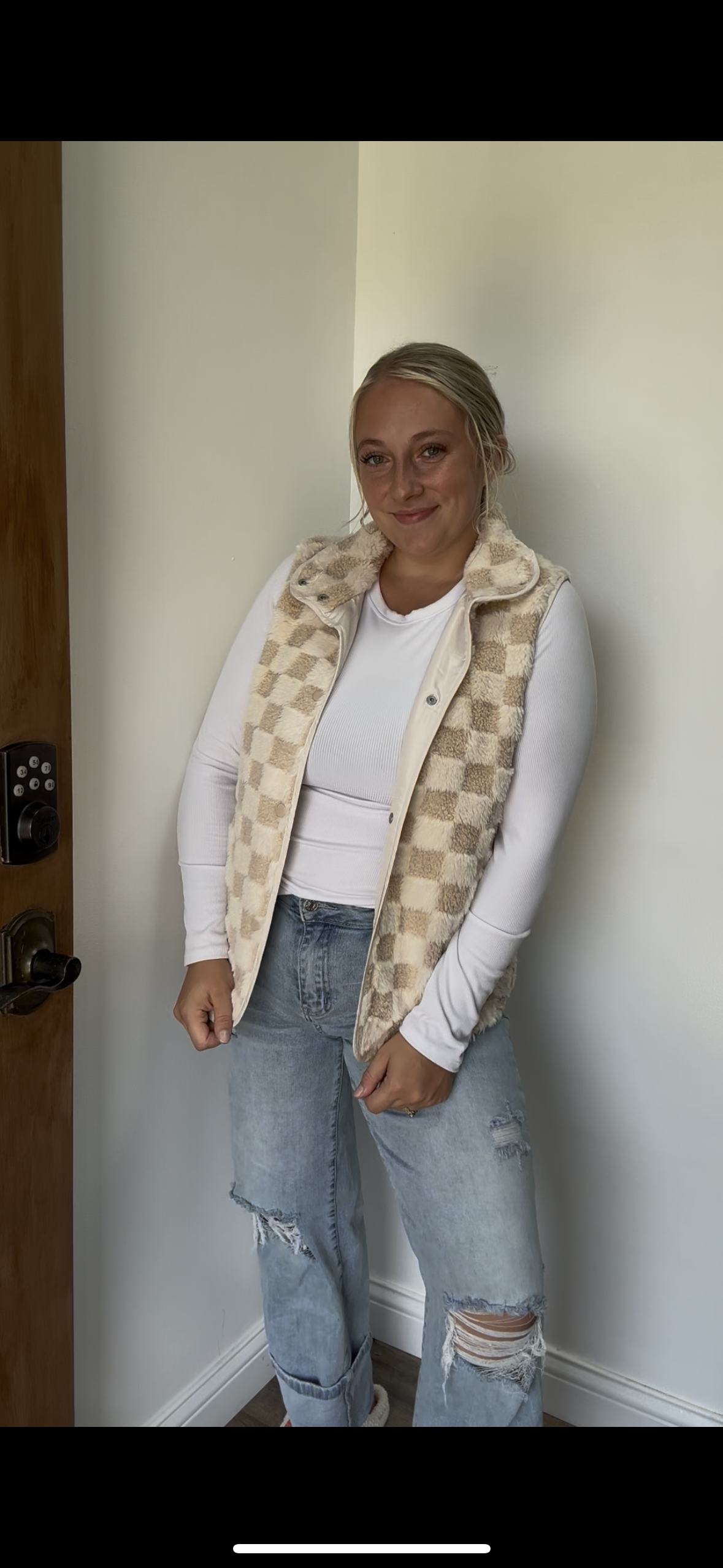 LDC Sherpa Checkerboard Snap Button Vest Jacket