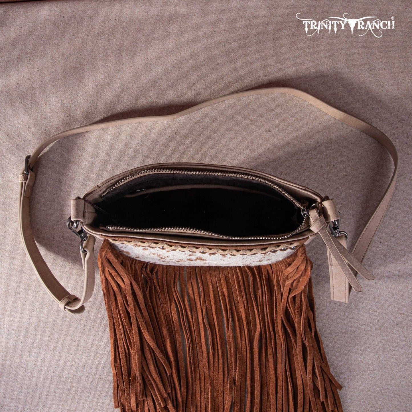 TR171-8360 Trinity Ranch Hair-On Cowhide Fringe Crossbody Bag -Tan