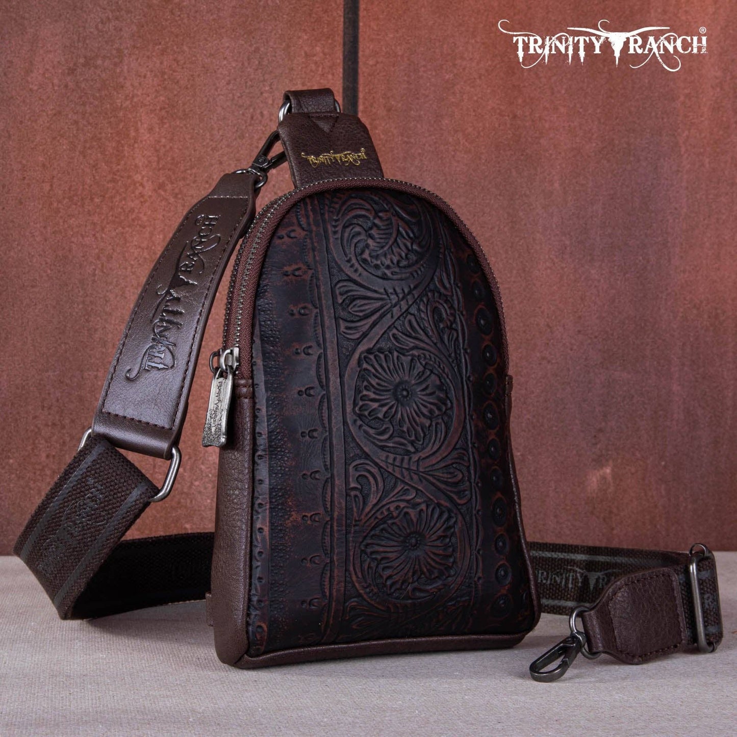 TR159-210A Trinity Ranch Floral Tooled Collection Sling Bag