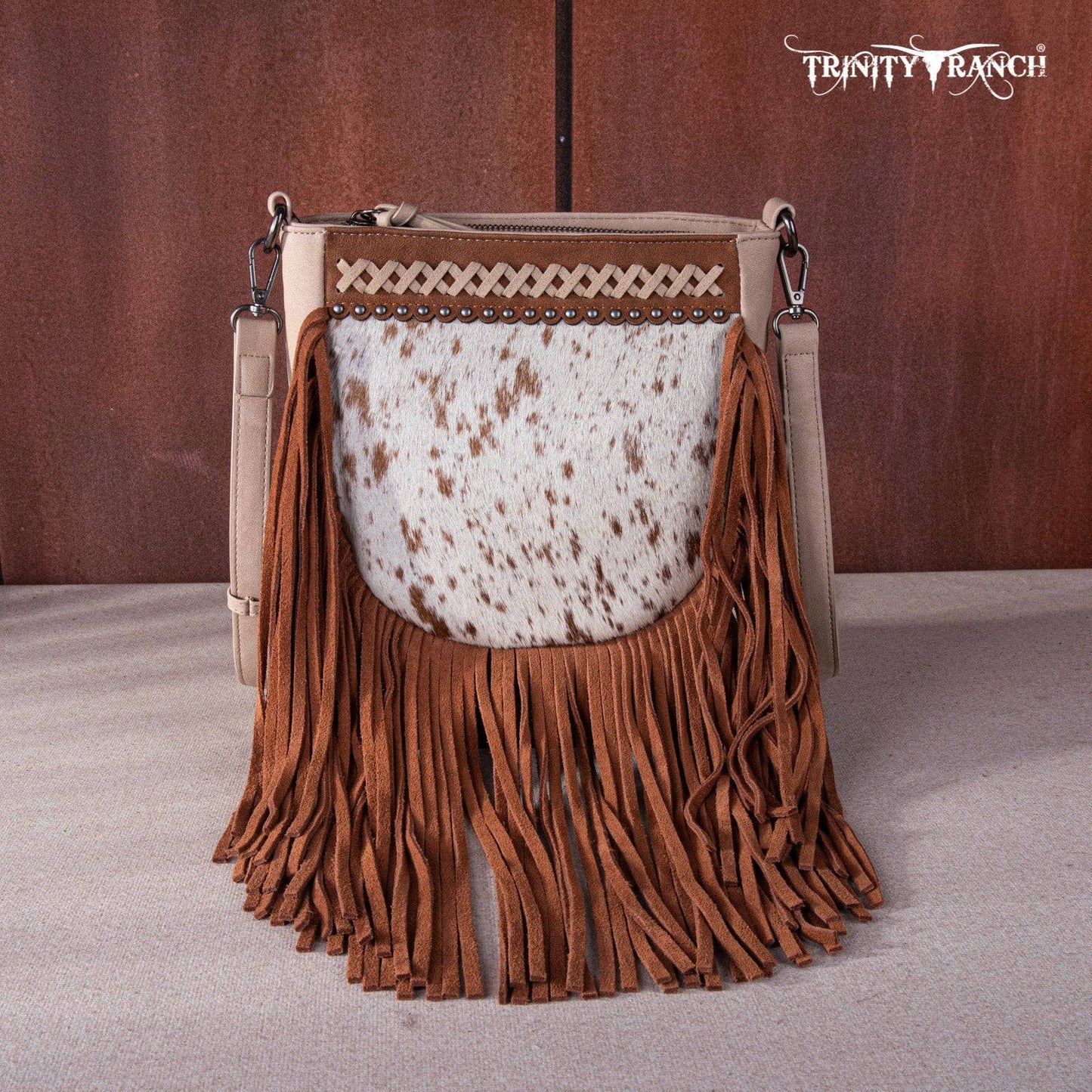 TR171-8360 Trinity Ranch Hair-On Cowhide Fringe Crossbody Bag -Tan