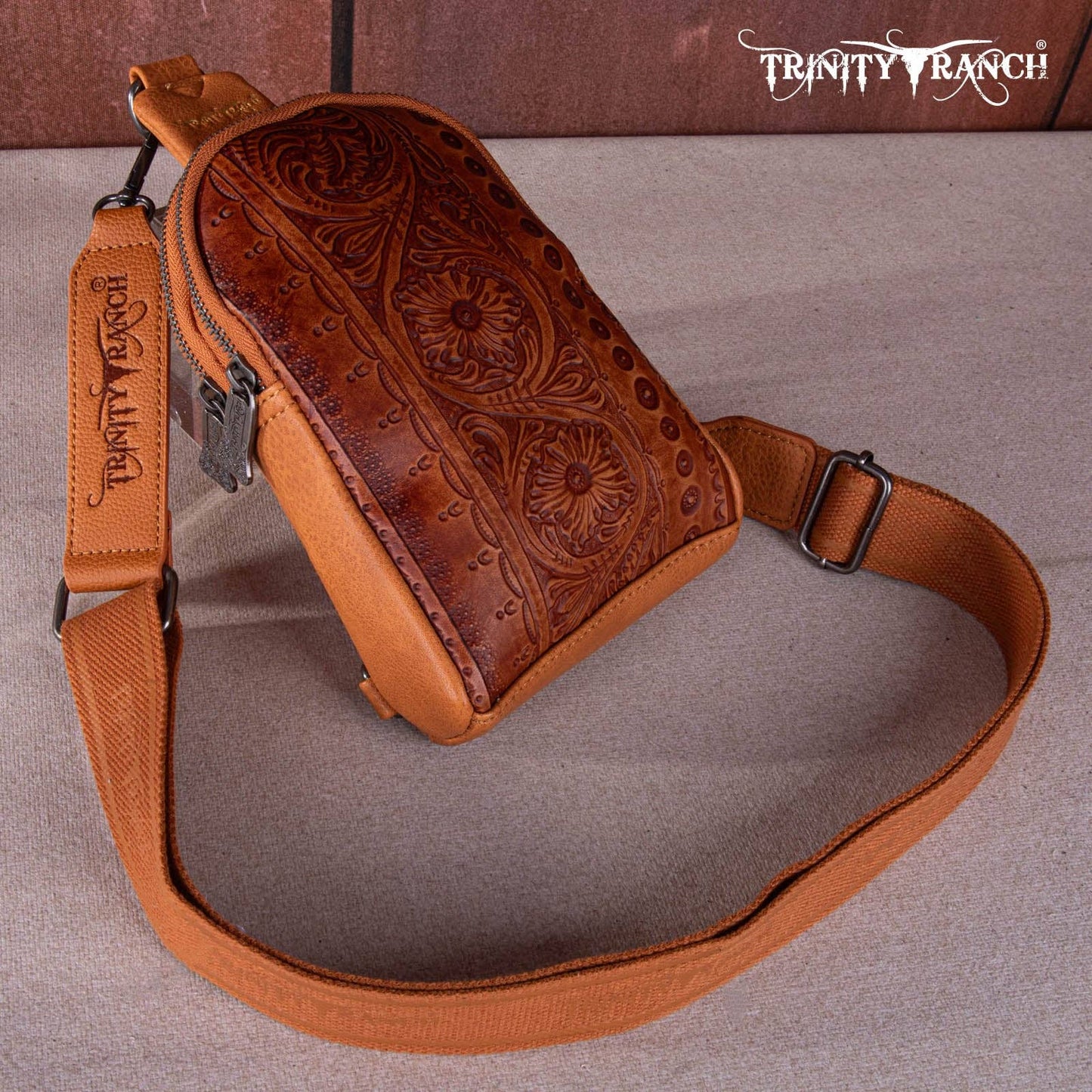 TR159-210A Trinity Ranch Floral Tooled Collection Sling Bag