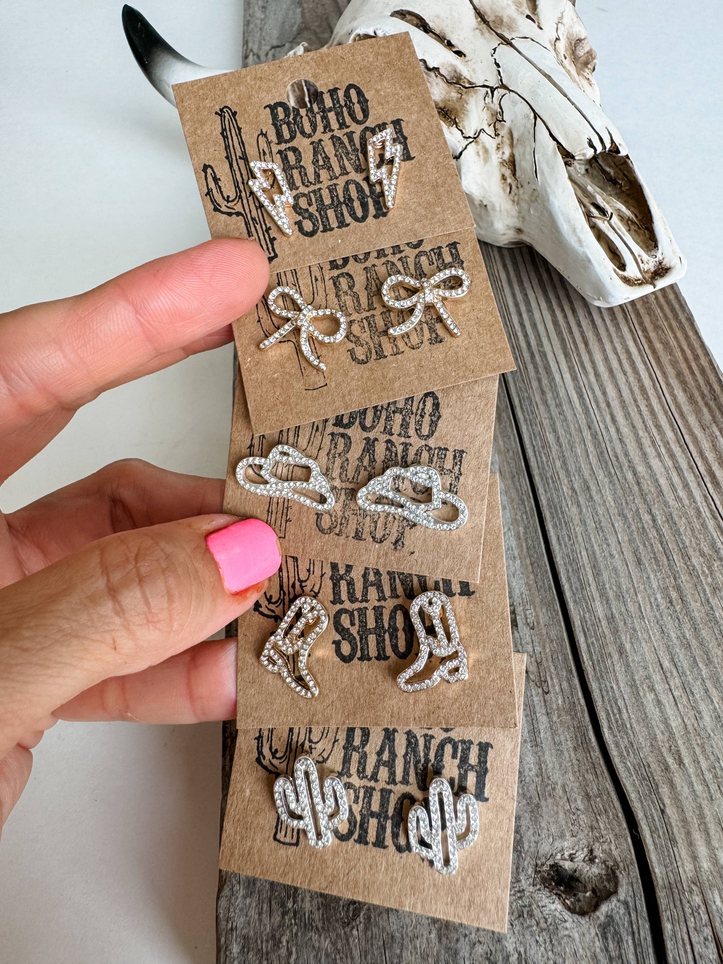 Western cut out paved Stud earrings - cowboy boots hat bow