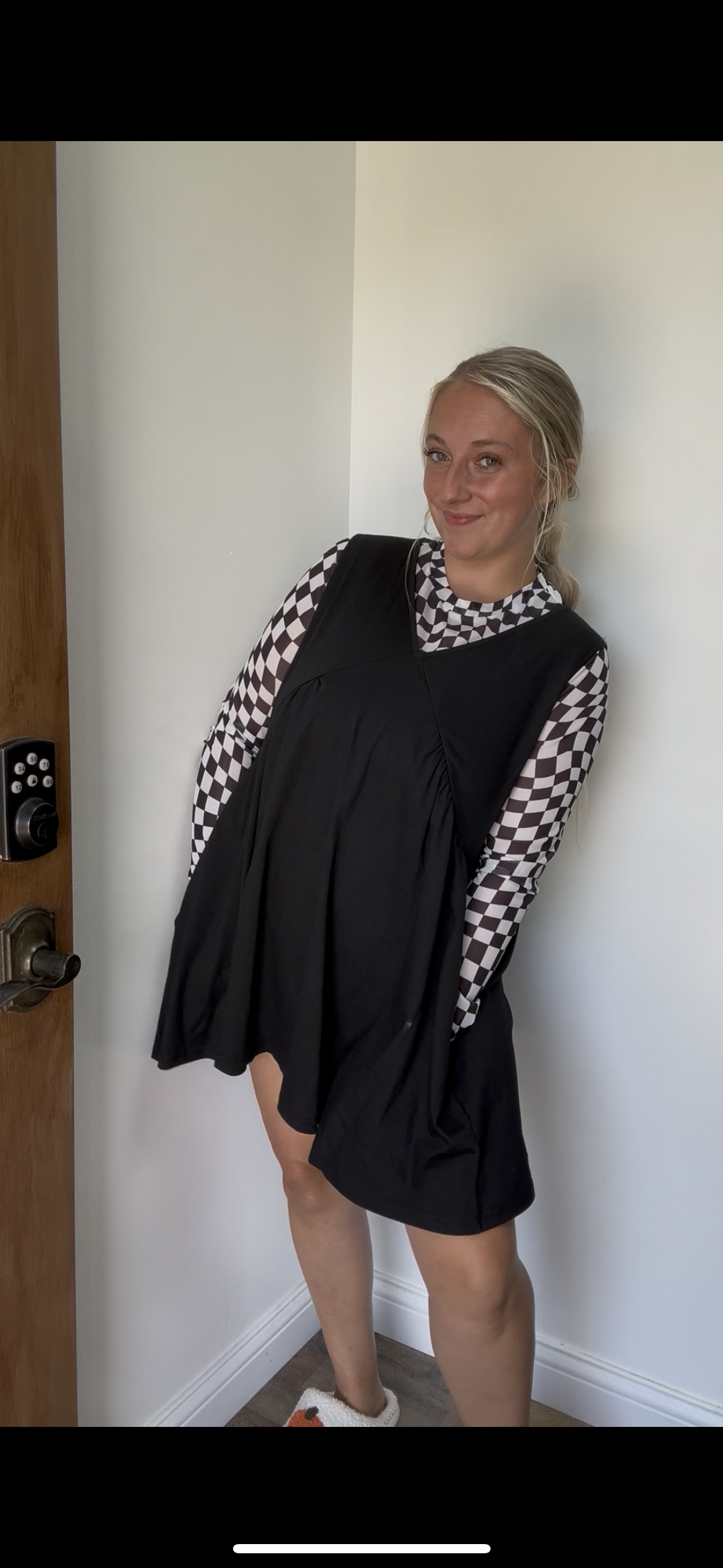 LDC Checkered Pattern Mesh Mock Neck Long Sleeve Top