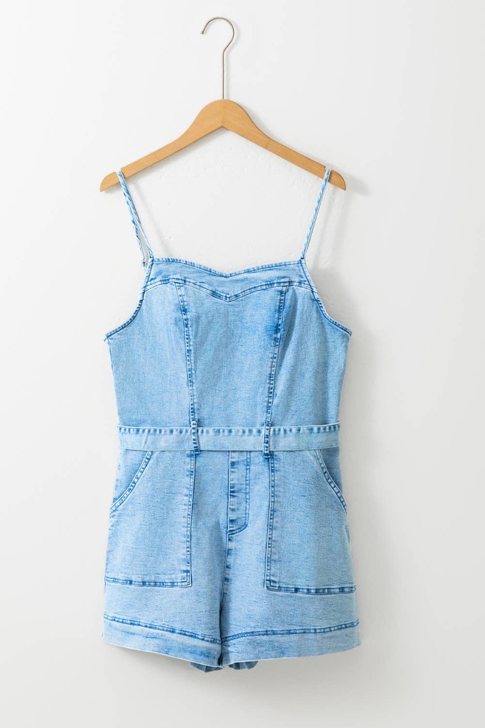 LDC Spaghetti Straps Belted Spring Denim Romper
