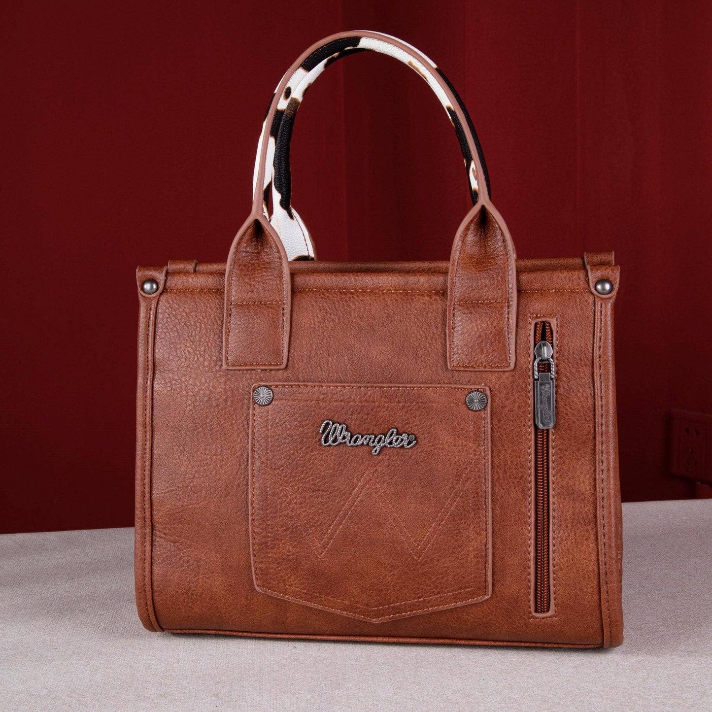 WG102-8120S Wrangler Cow Print Concealed Carry Tote/Crossbody - Brown