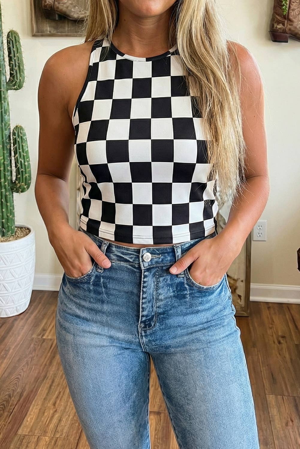 Black Checkerboard Printed Slim Tank Top