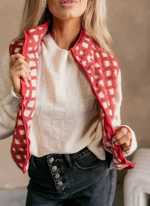 Versatile Contrast Checkered Sherpa Fleece Zip Vest