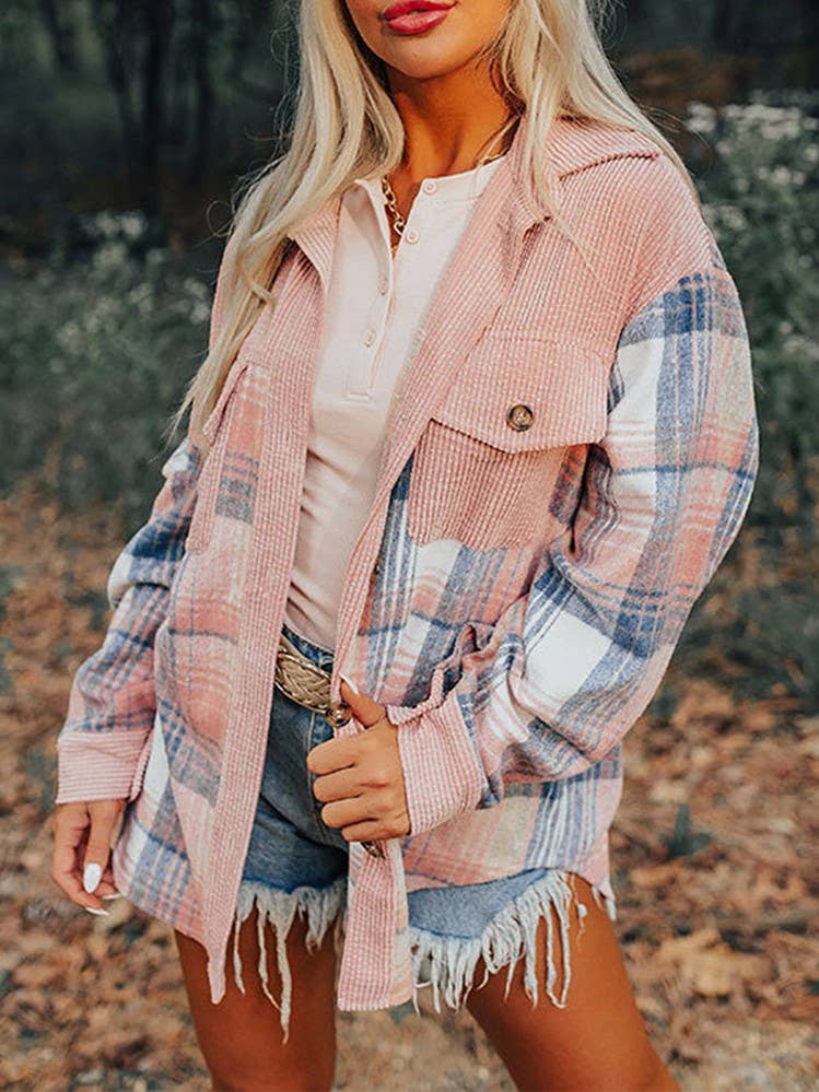 Western Plaid patchwork corduroy oversized jacket Shacket
