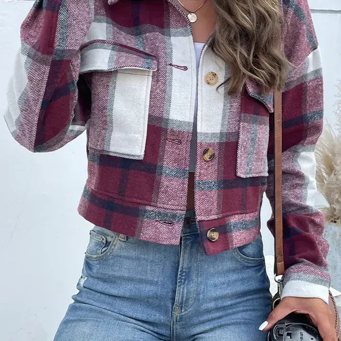 Buttoned Cardigan Plaid Jacket With Pocket