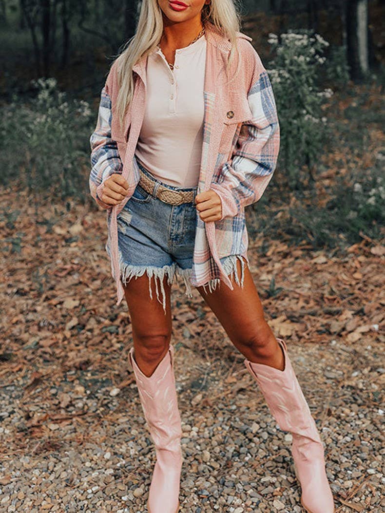 Western Plaid patchwork corduroy oversized jacket Shacket