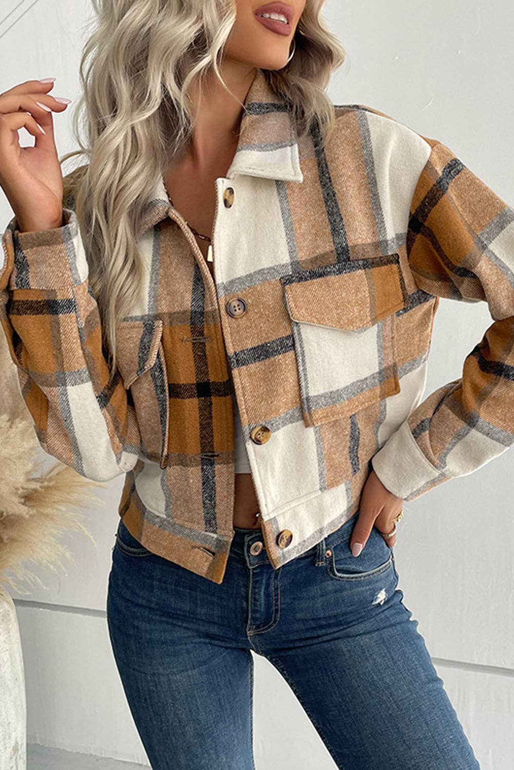 Buttoned Cardigan Plaid Jacket With Pocket