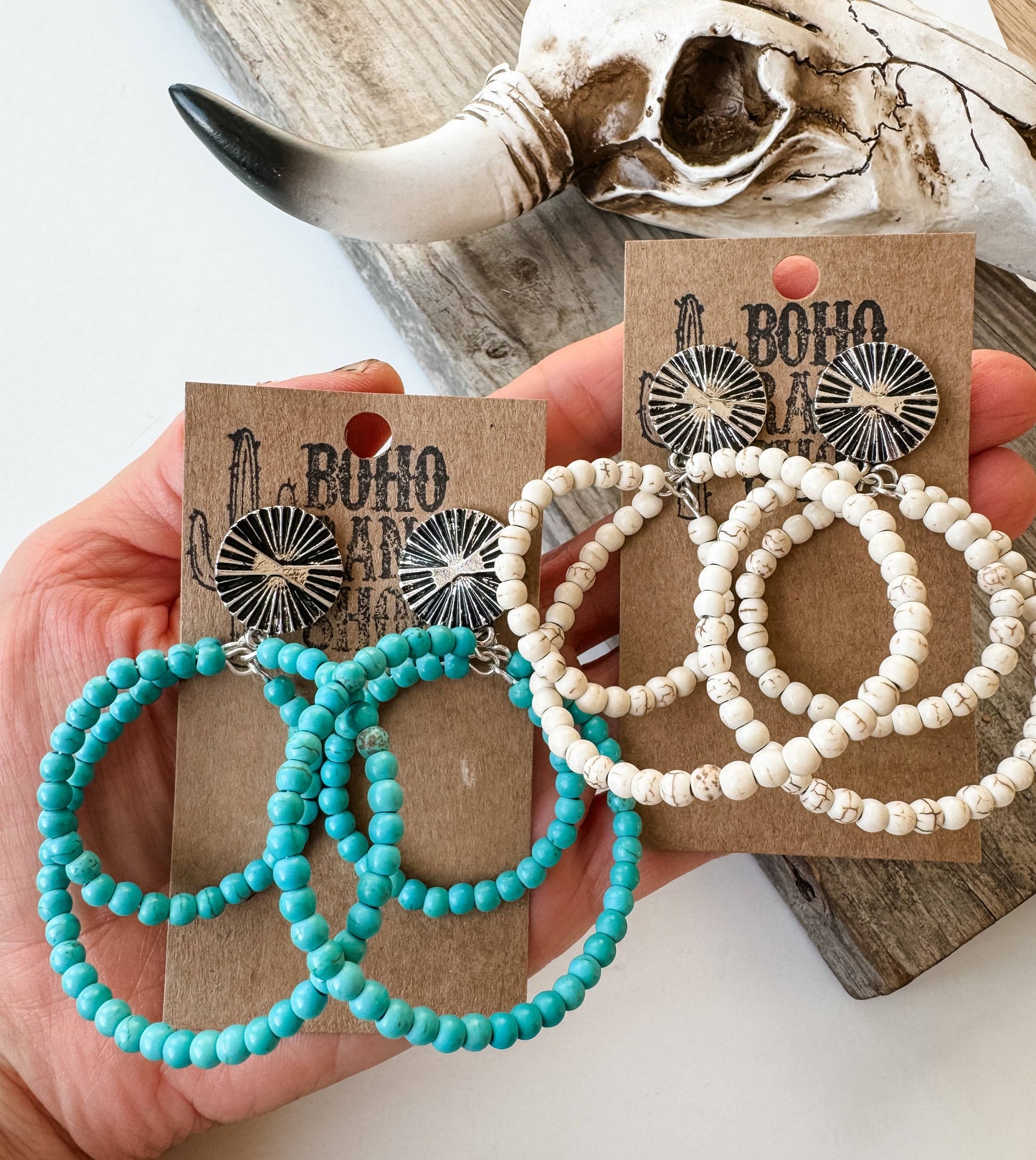 Western Round Bead Stud Post Earrings - turquoise | white