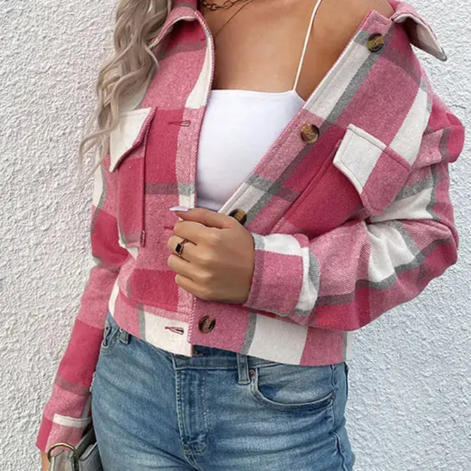 Buttoned Cardigan Plaid Jacket With Pocket