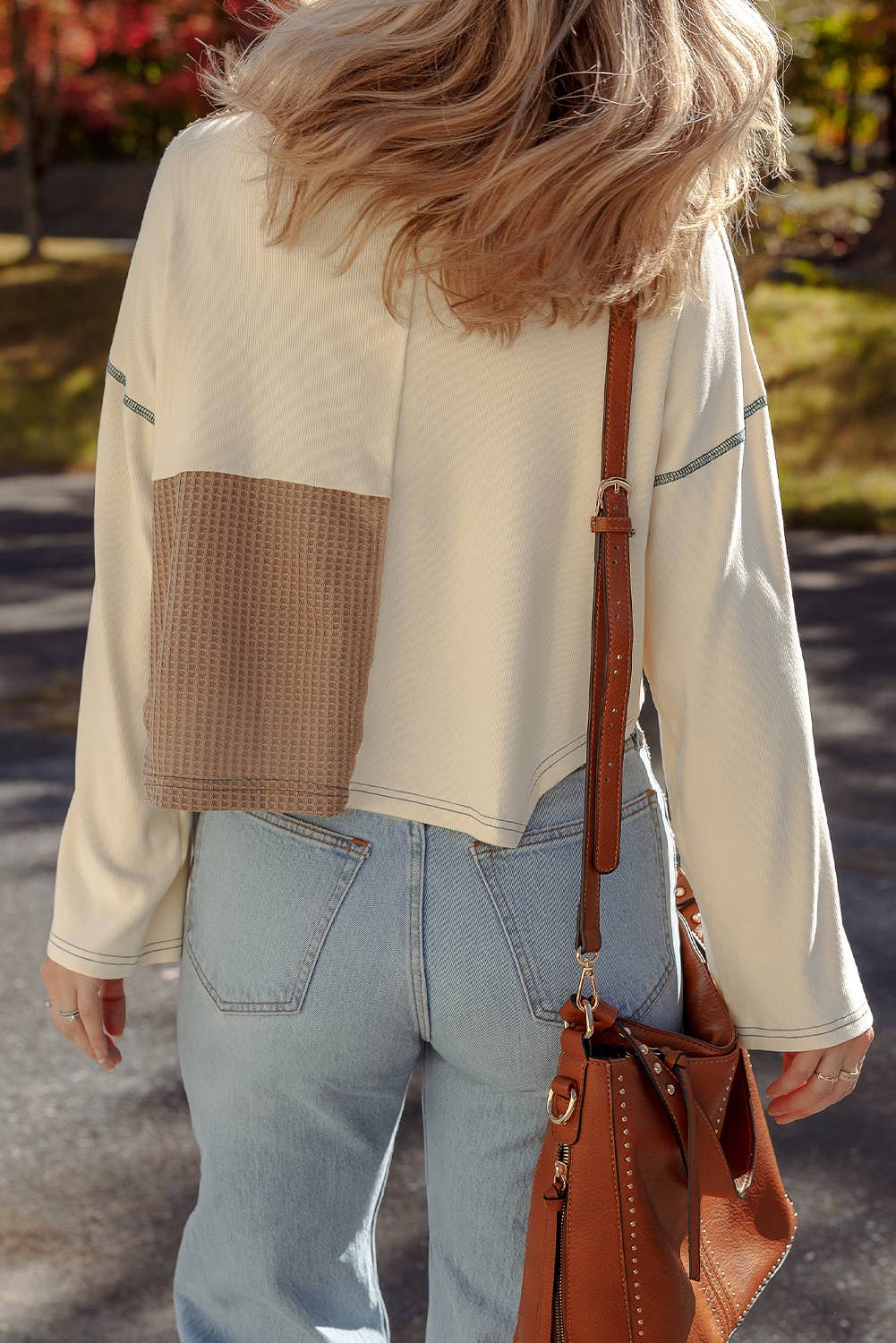 LDC Color Block Waffle Knit Stitch Detail Long Sleeve Top