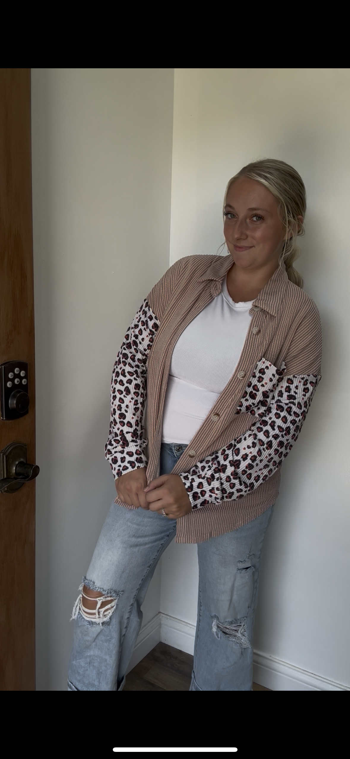 Fashion-W Leopard Patched Twisted Ribbed Western Shacket