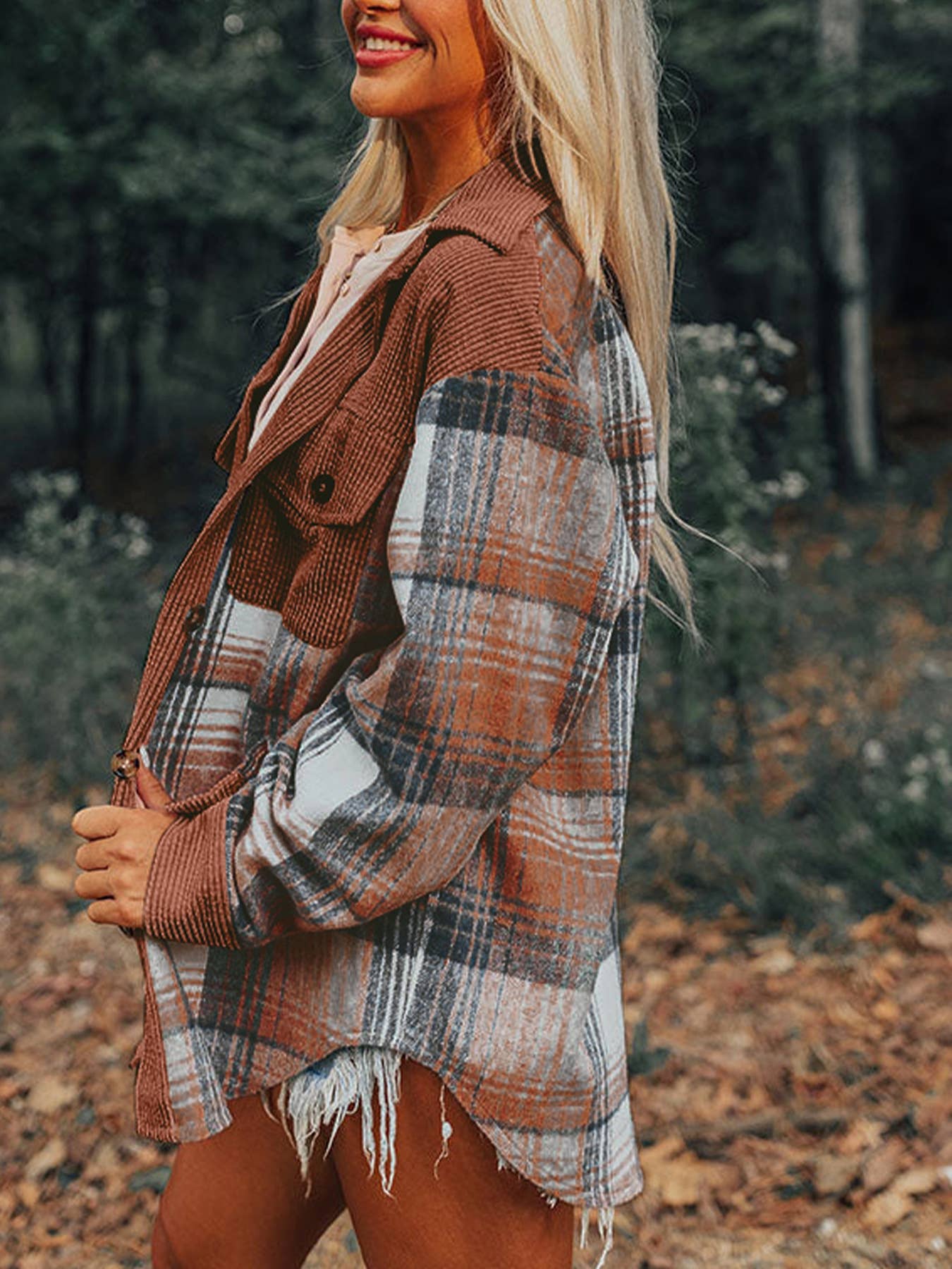 Western Plaid patchwork corduroy oversized jacket Shacket
