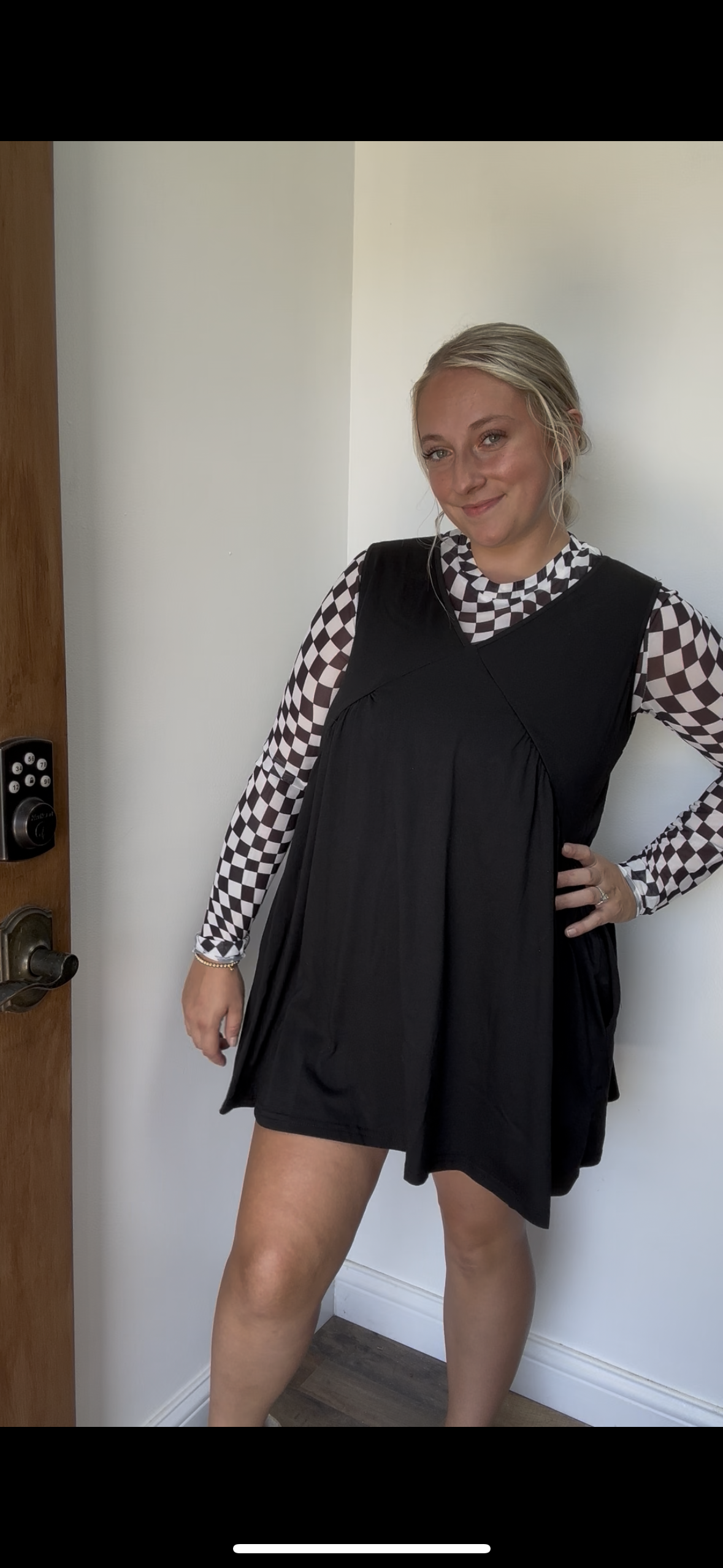 Checkered Pattern Mesh Mock Neck Long Sleeve Top