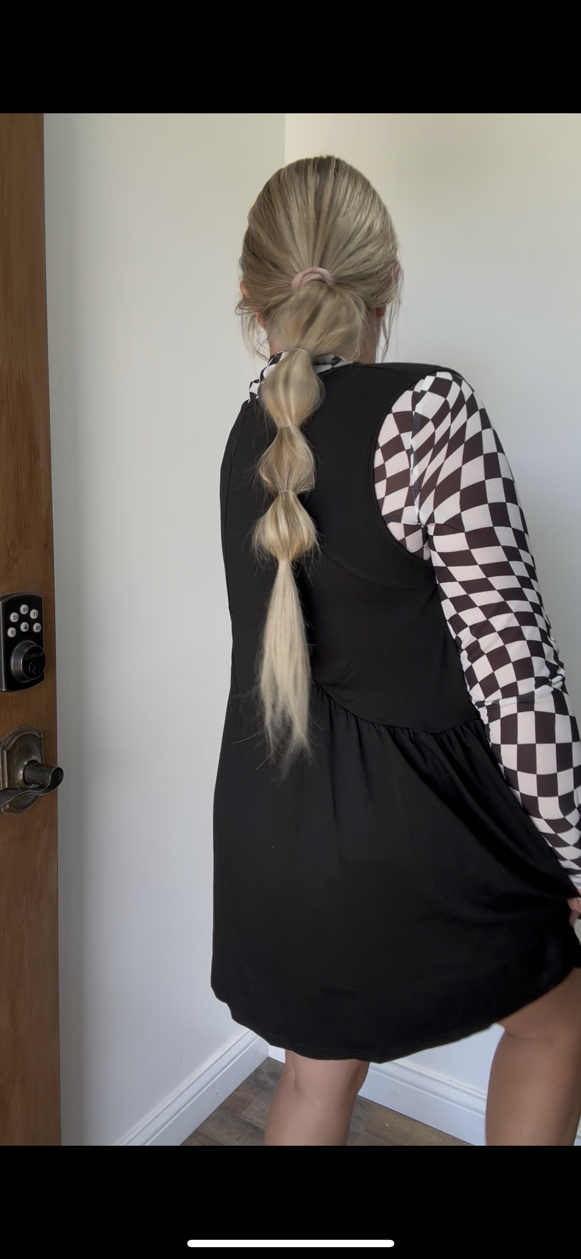 LDC Checkered Pattern Mesh Mock Neck Long Sleeve Top