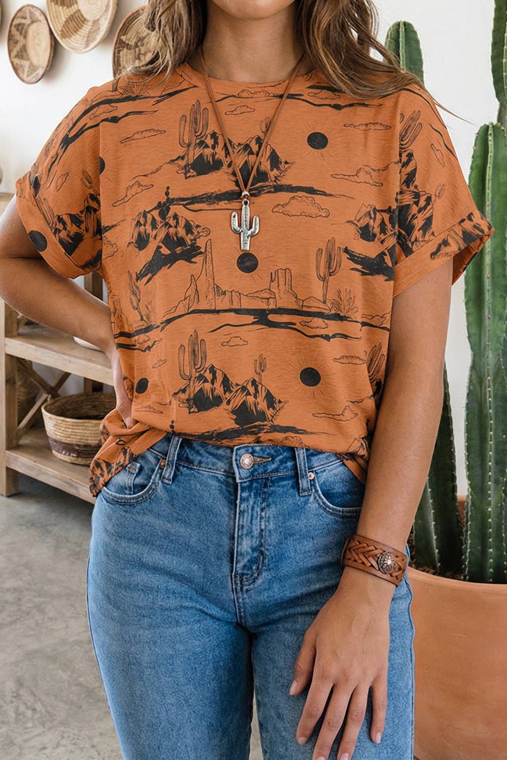 Western Desert Sand Print Short Sleeve Knit Top