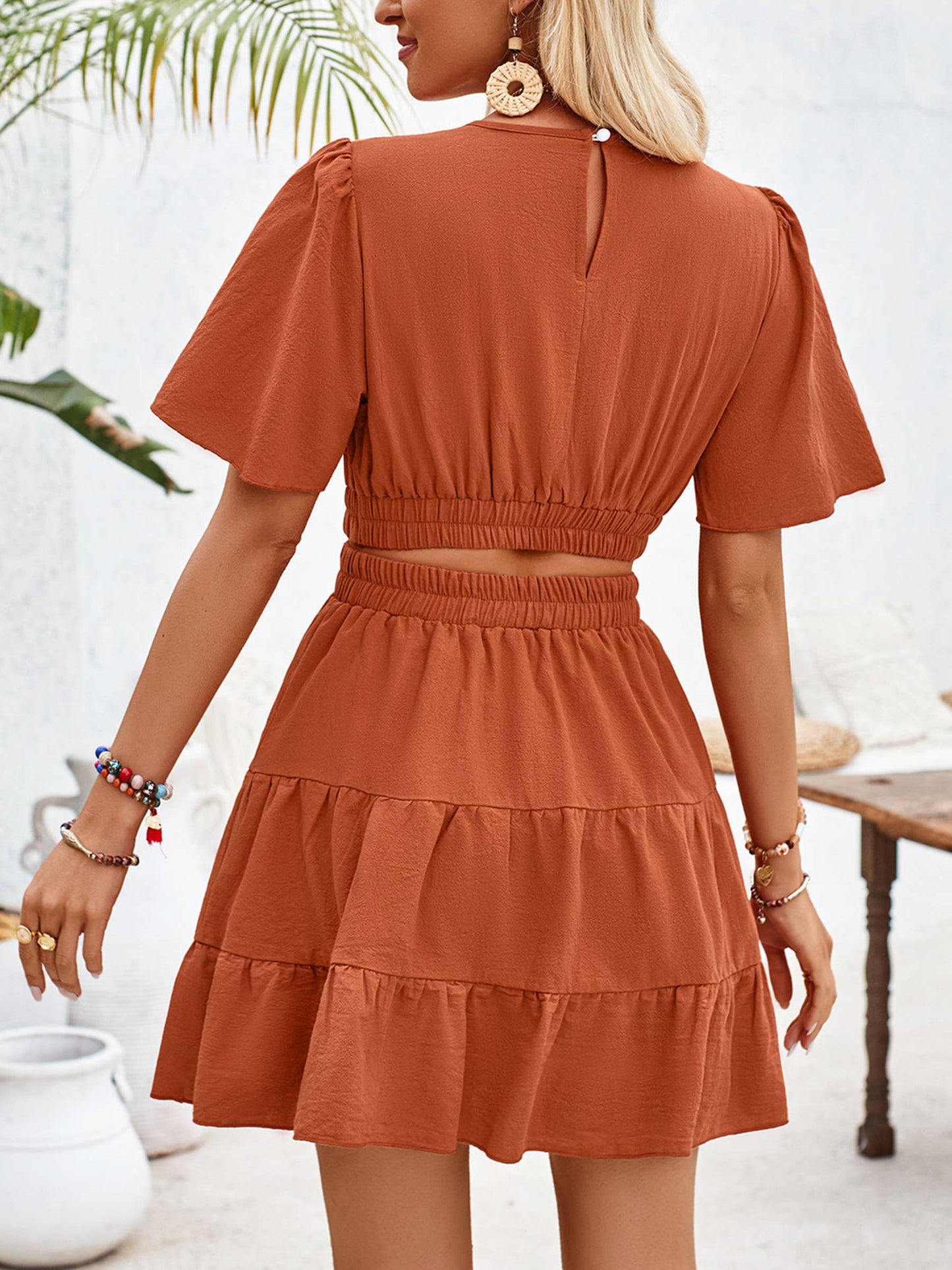 Round Necked Hollowed Out Short Sleeved Waistband Dress