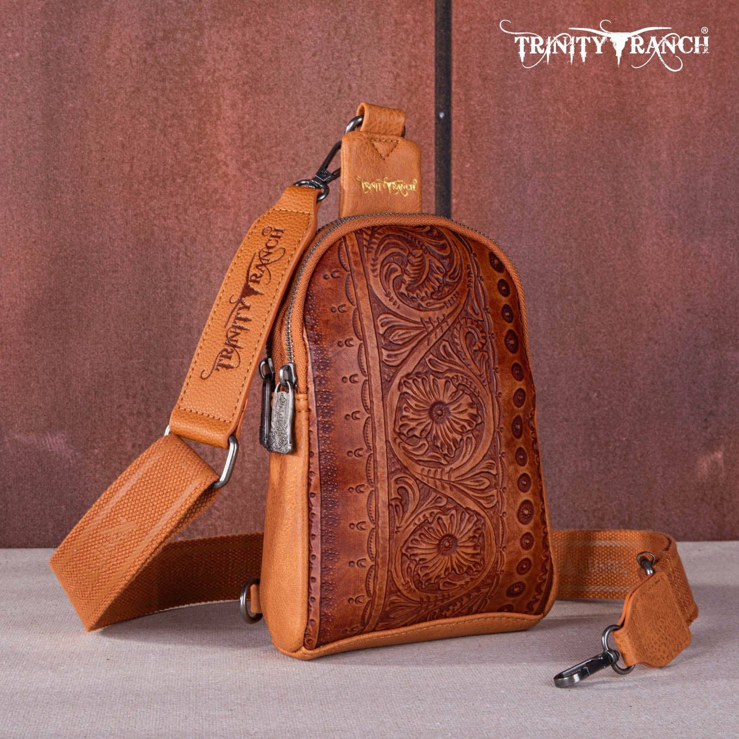 TR159-210A Trinity Ranch Floral Tooled Collection Sling Bag