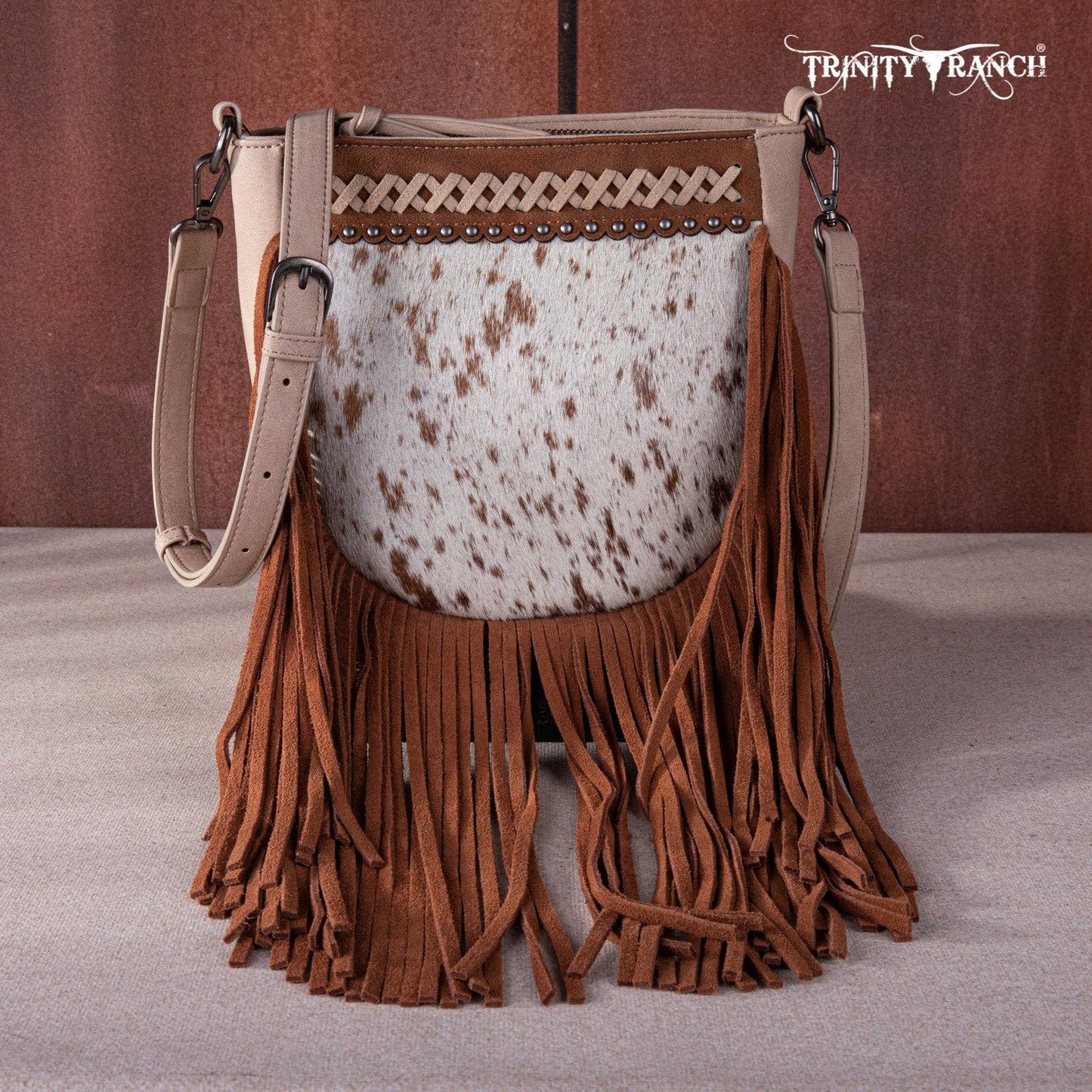 TR171-8360 Trinity Ranch Hair-On Cowhide Fringe Crossbody Bag -Tan