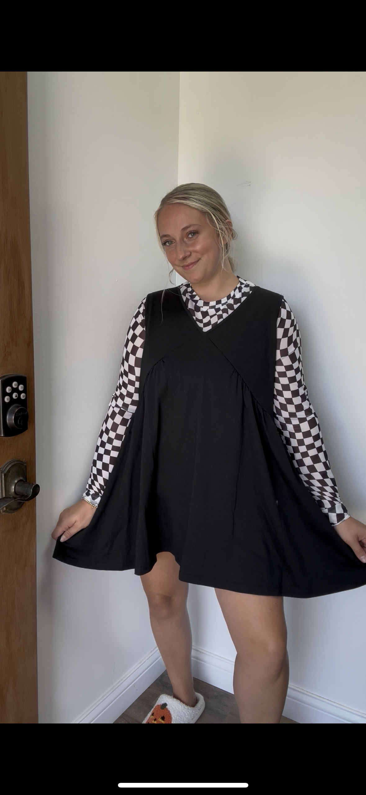 LDC Checkered Pattern Mesh Mock Neck Long Sleeve Top