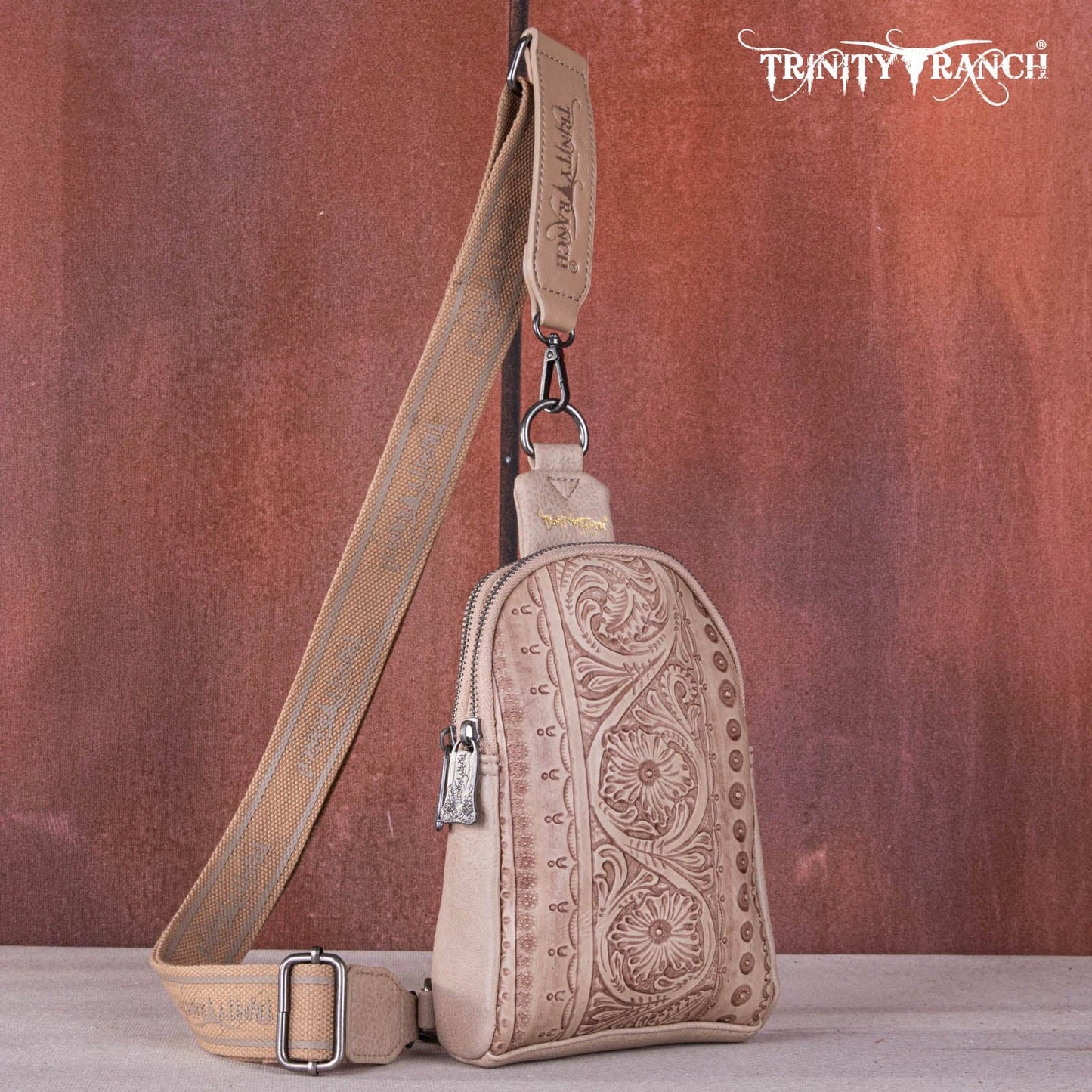 TR159-210A Trinity Ranch Floral Tooled Collection Sling Bag