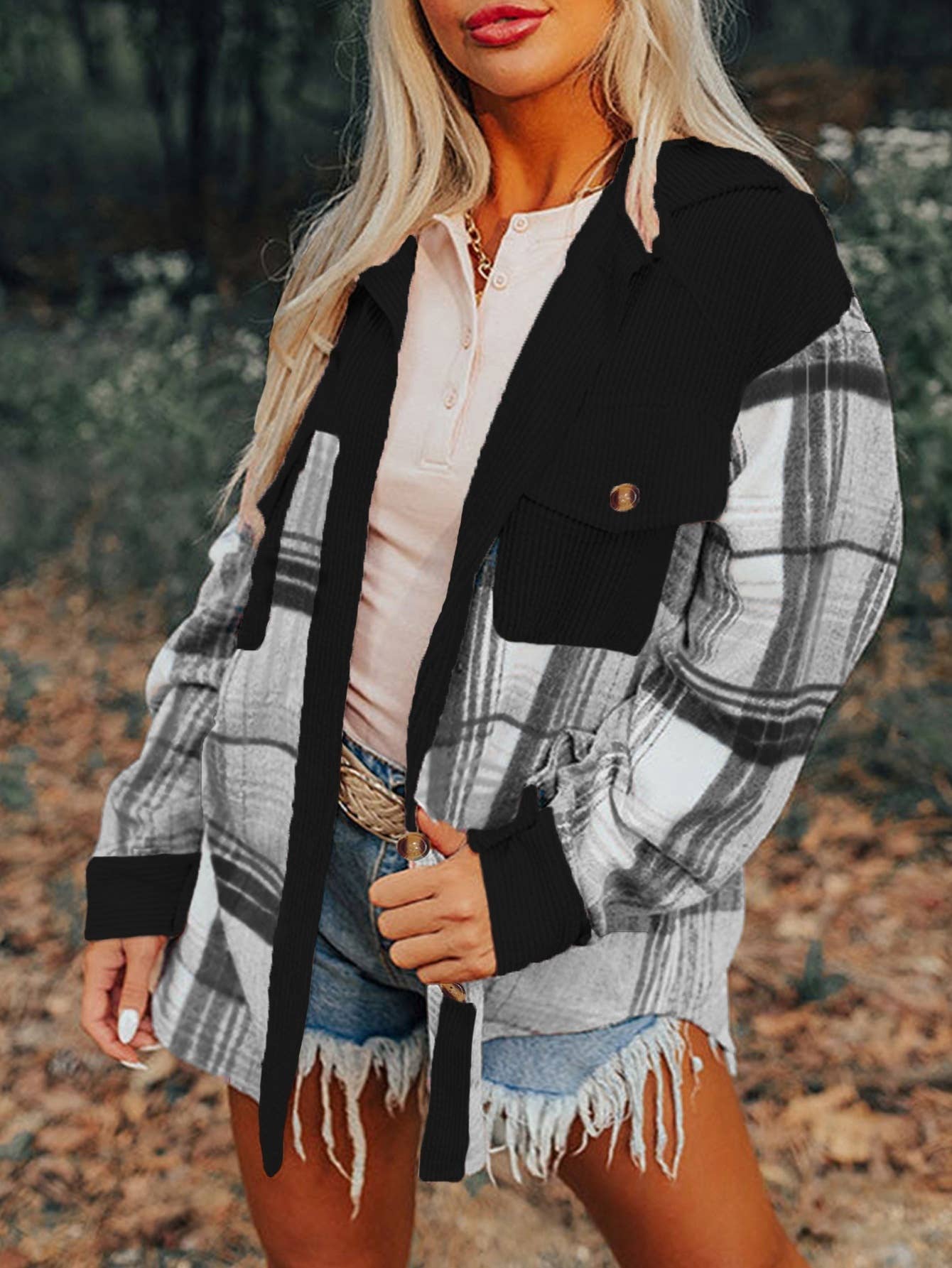 Western Plaid patchwork corduroy oversized jacket Shacket