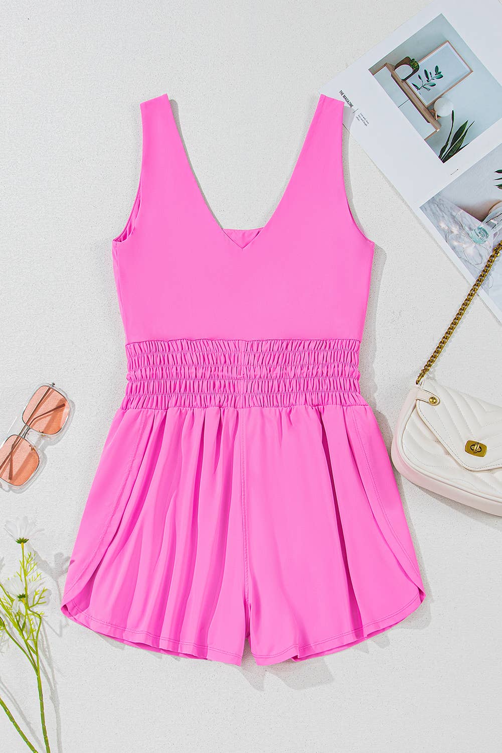 Plain Sleeveless Loop Drawstring Cinched Waist Romper