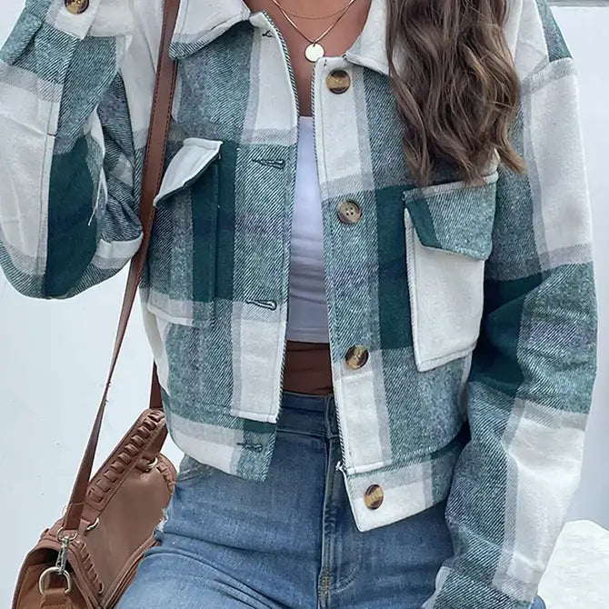 Buttoned Cardigan Plaid Jacket With Pocket