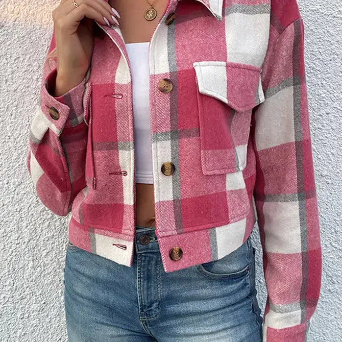 Buttoned Cardigan Plaid Jacket With Pocket