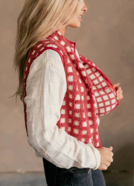 Versatile Contrast Checkered Sherpa Fleece Zip Vest