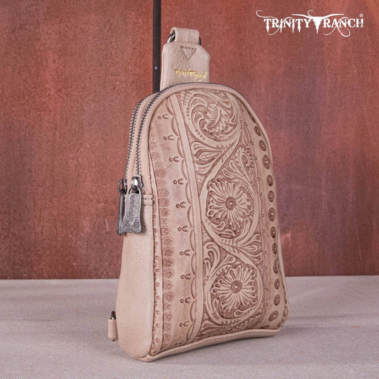 TR159-210A Trinity Ranch Floral Tooled Collection Sling Bag