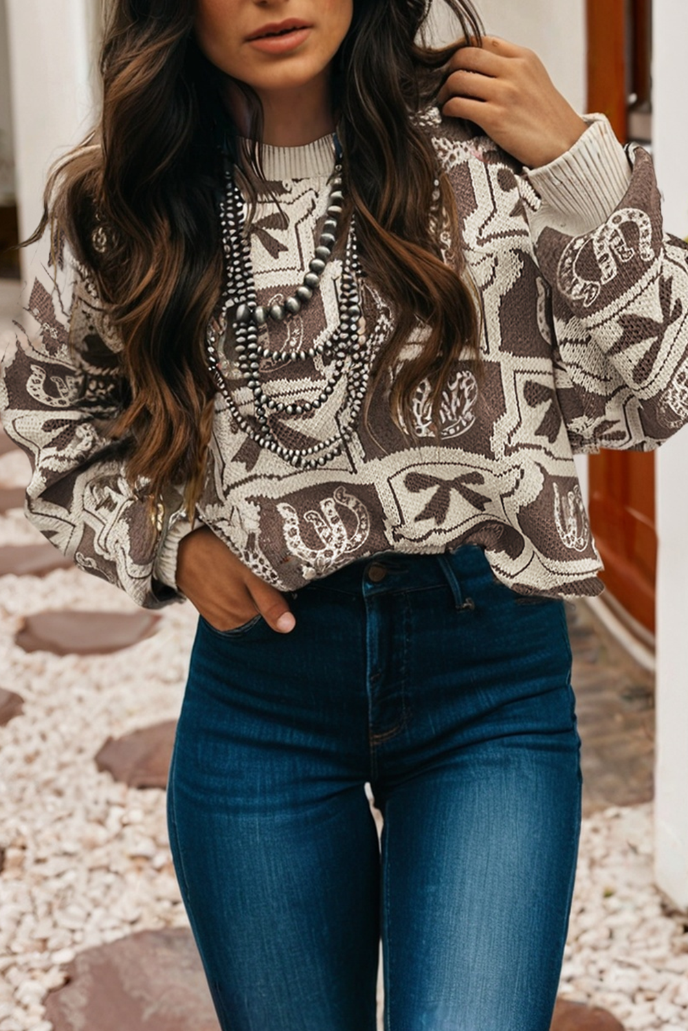 LDC Western Fashion Patterned Loose Sweater