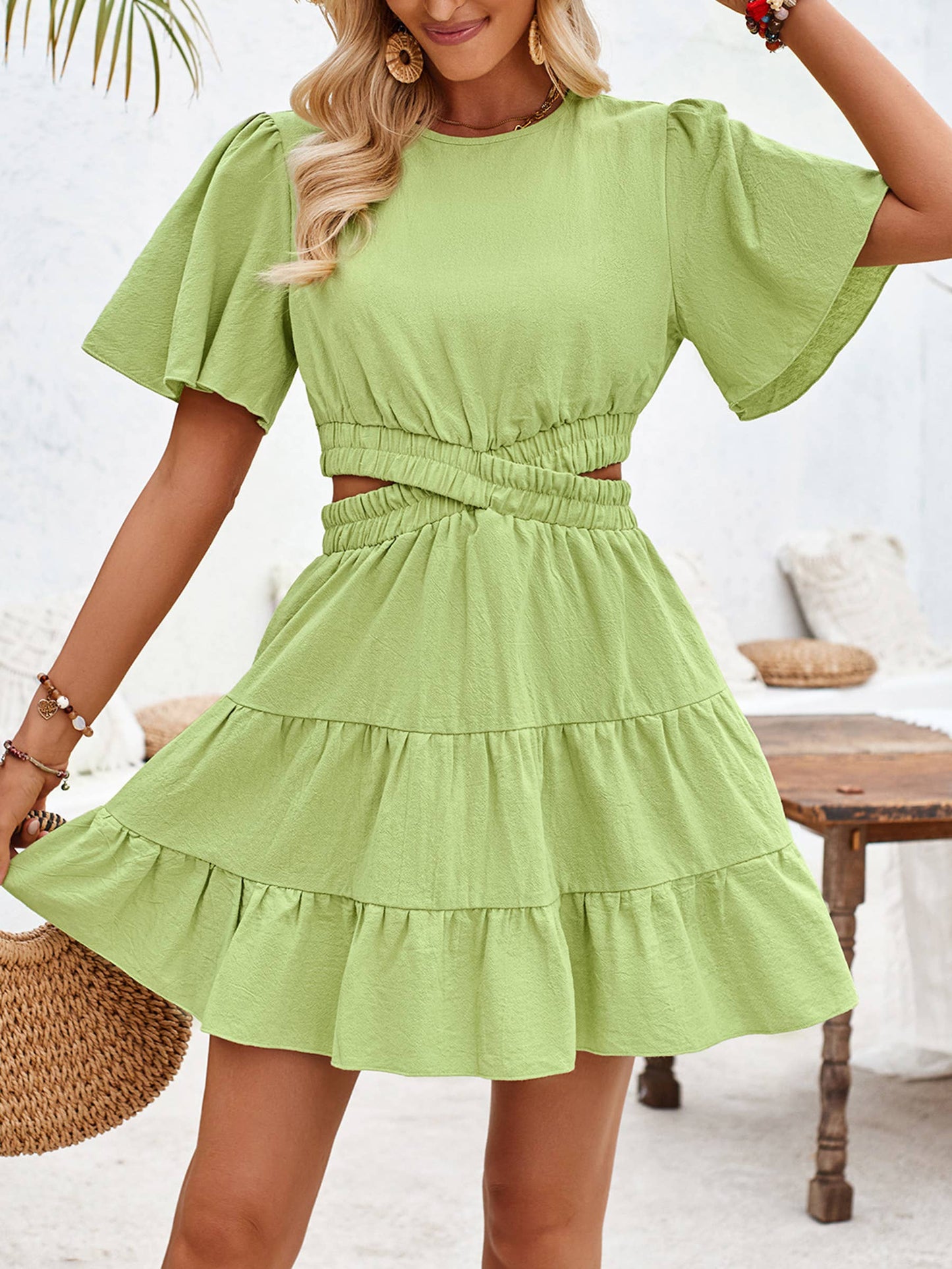 Round Necked Hollowed Out Short Sleeved Waistband Dress