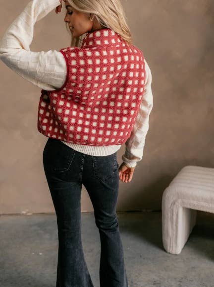 Versatile Contrast Checkered Sherpa Fleece Zip Vest