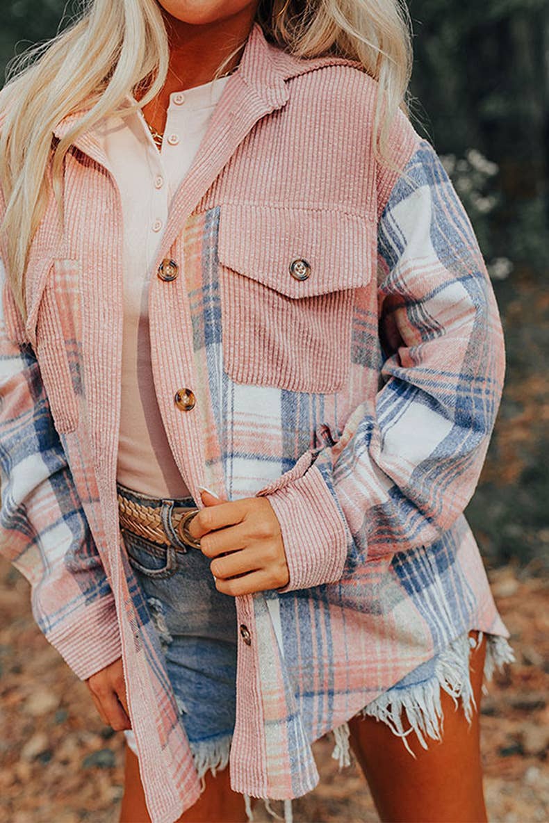 Western Plaid patchwork corduroy oversized jacket Shacket