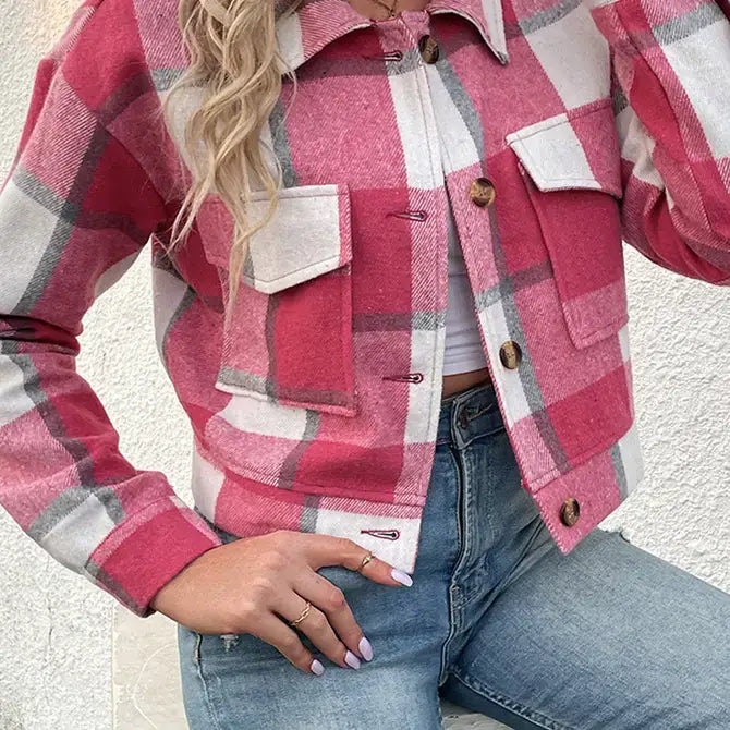 Buttoned Cardigan Plaid Jacket With Pocket