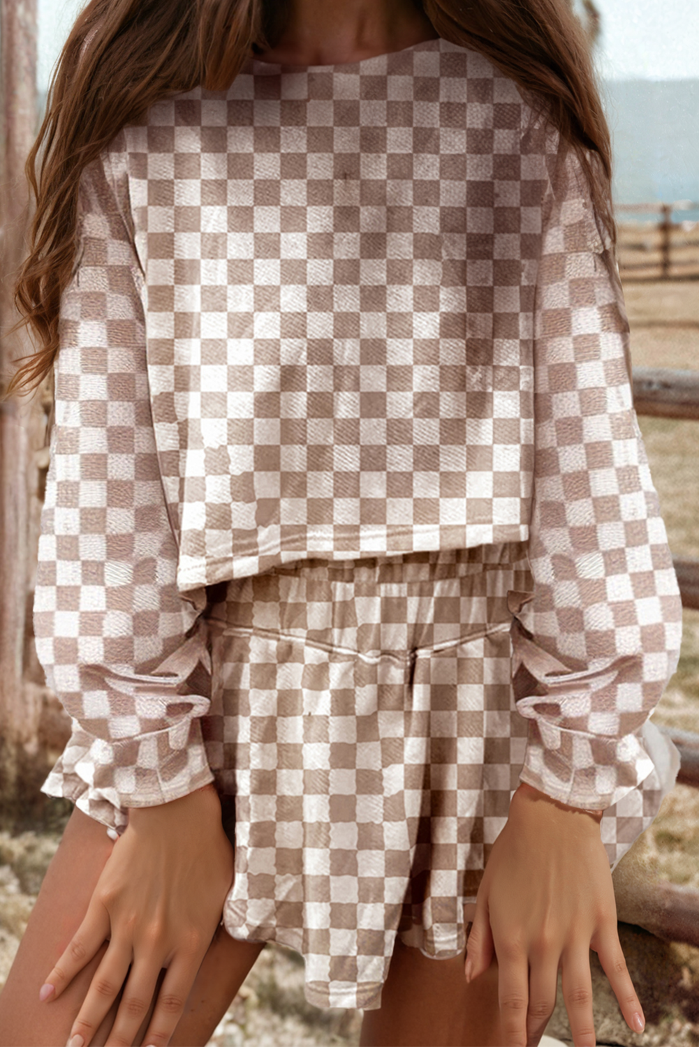 Checkered Long Sleeve Crop Top High Waist Skort 2pcs Set