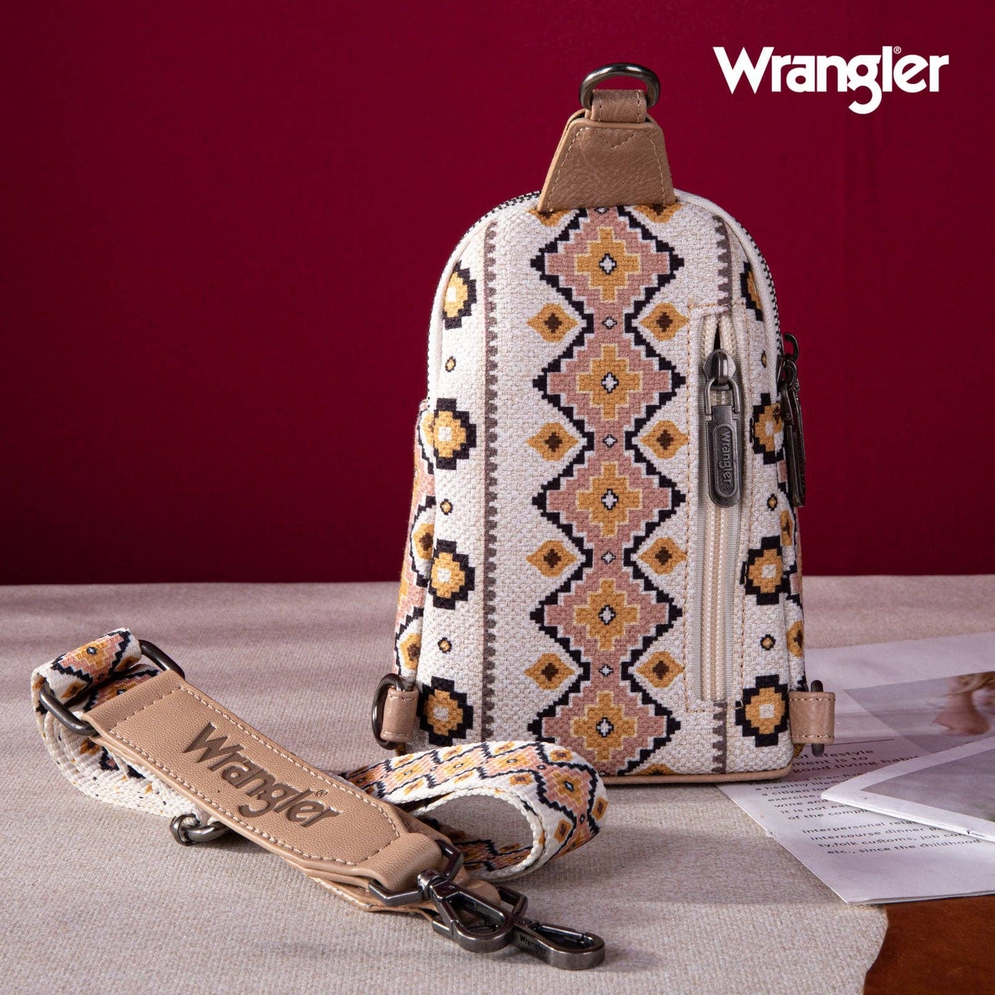 WG2205-210 Wrangler Aztec Print Crossbody Sling Chest Bag - Tan
