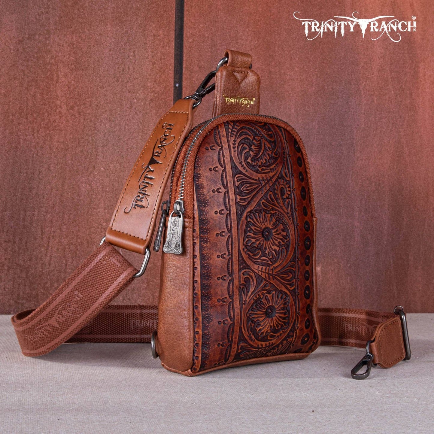 TR159-210A Trinity Ranch Floral Tooled Collection Sling Bag