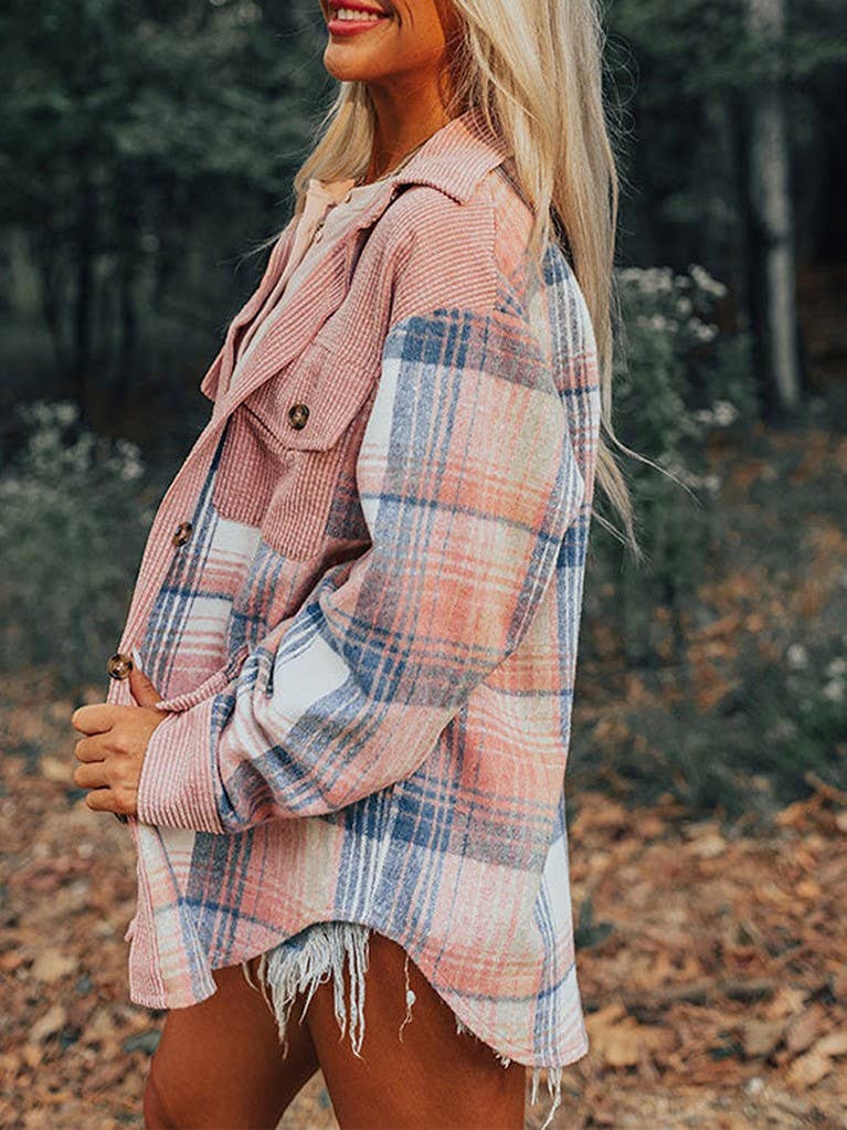 Western Plaid patchwork corduroy oversized jacket Shacket