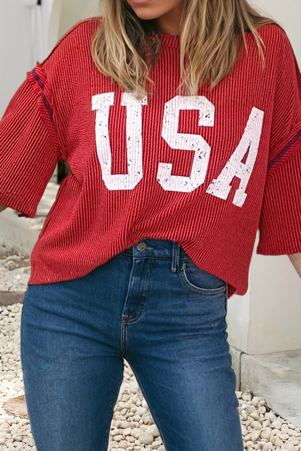 USA Graphic Half Sleeve Loose Ribbed Top