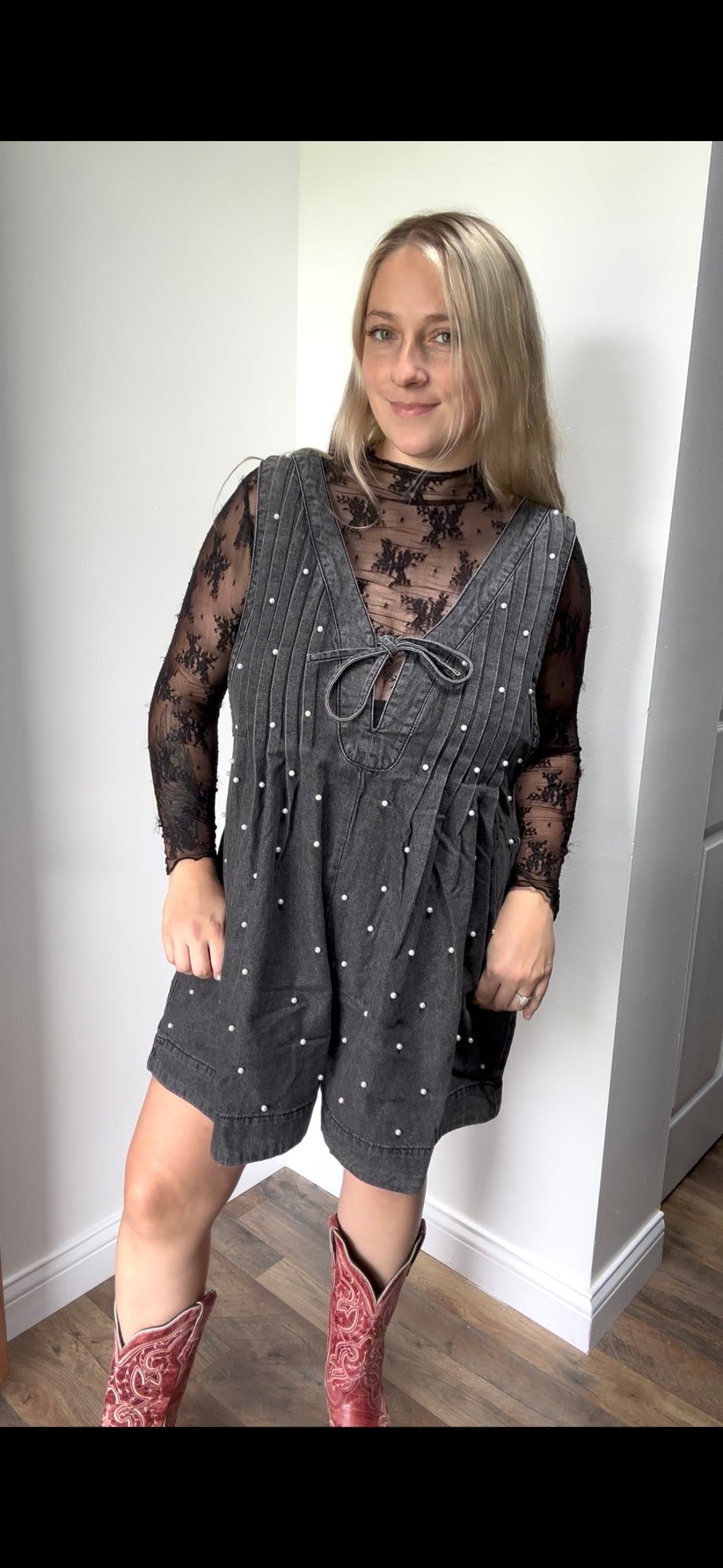 Pleated All over Pearl Denim Romper