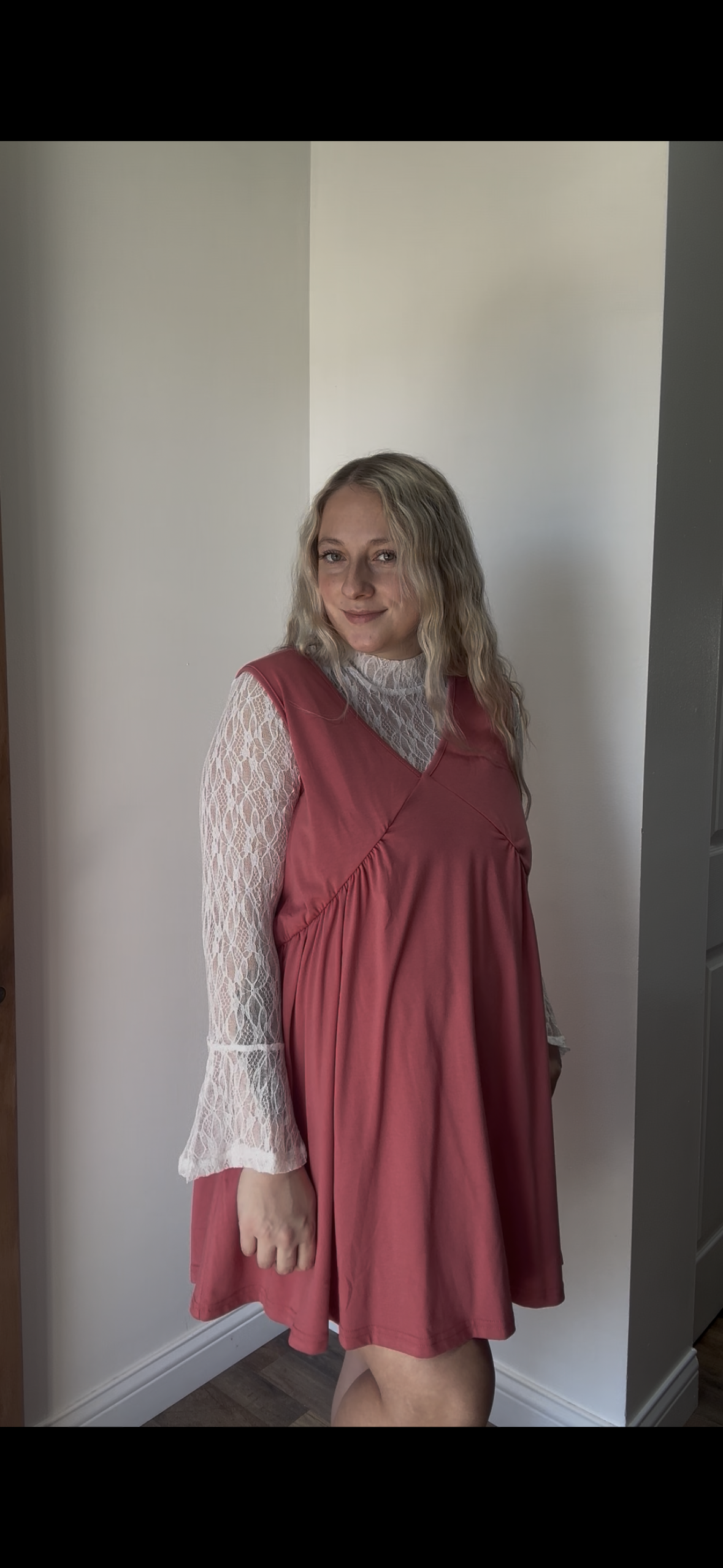 Sheer Lace Bell Sleeve Mock Neck Blouse