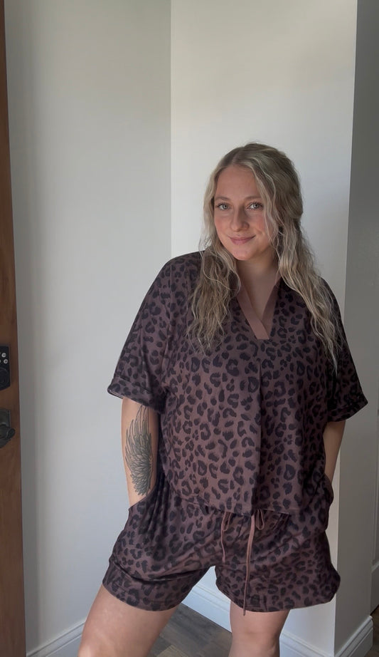 Spring Western Collar Leopard Printed 2pcs Short Set