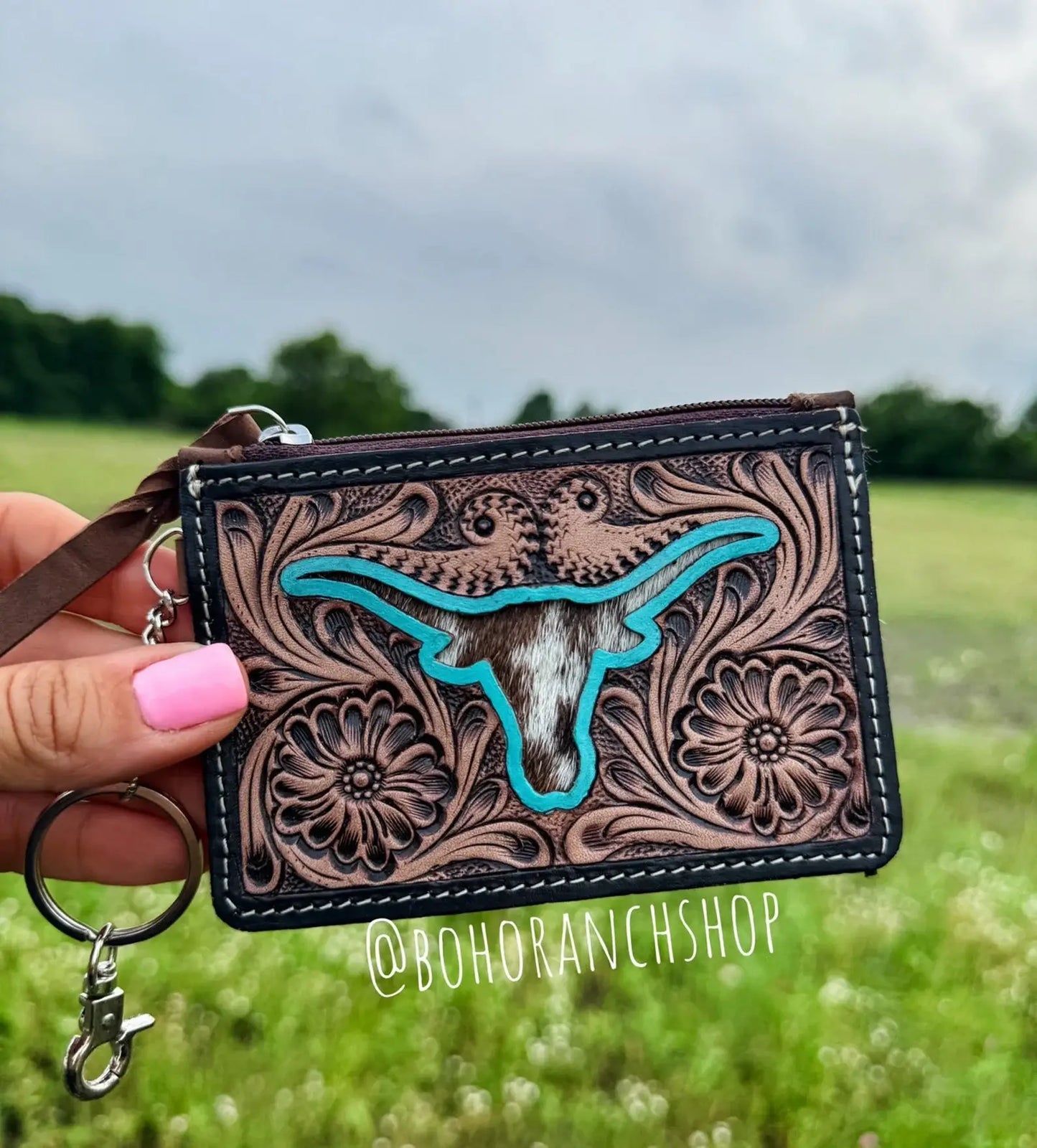 Western Cowhide Leather Keychain Wallet Longhorn