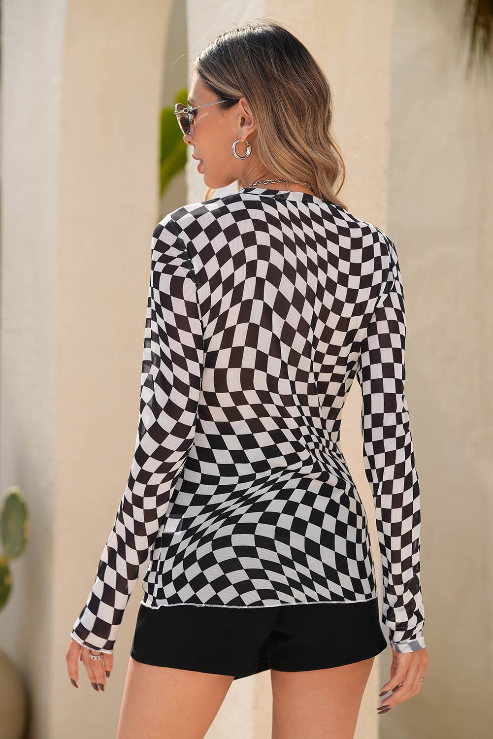 LDC Checkered Pattern Mesh Mock Neck Long Sleeve Top